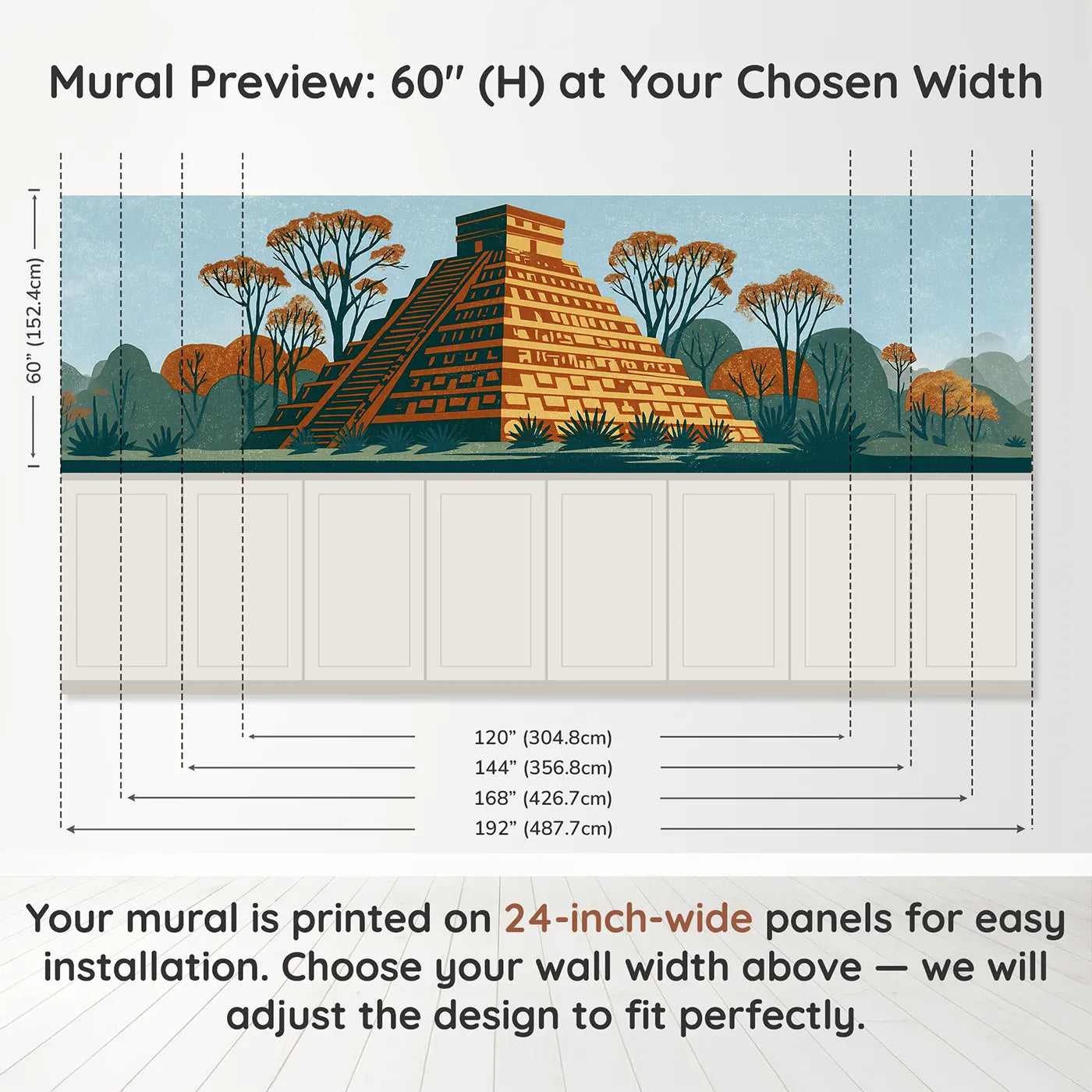 Panel dimensions for Carved Stepped Pyramid Dusk Wainscoting Wallpaper by Whimsy Tots