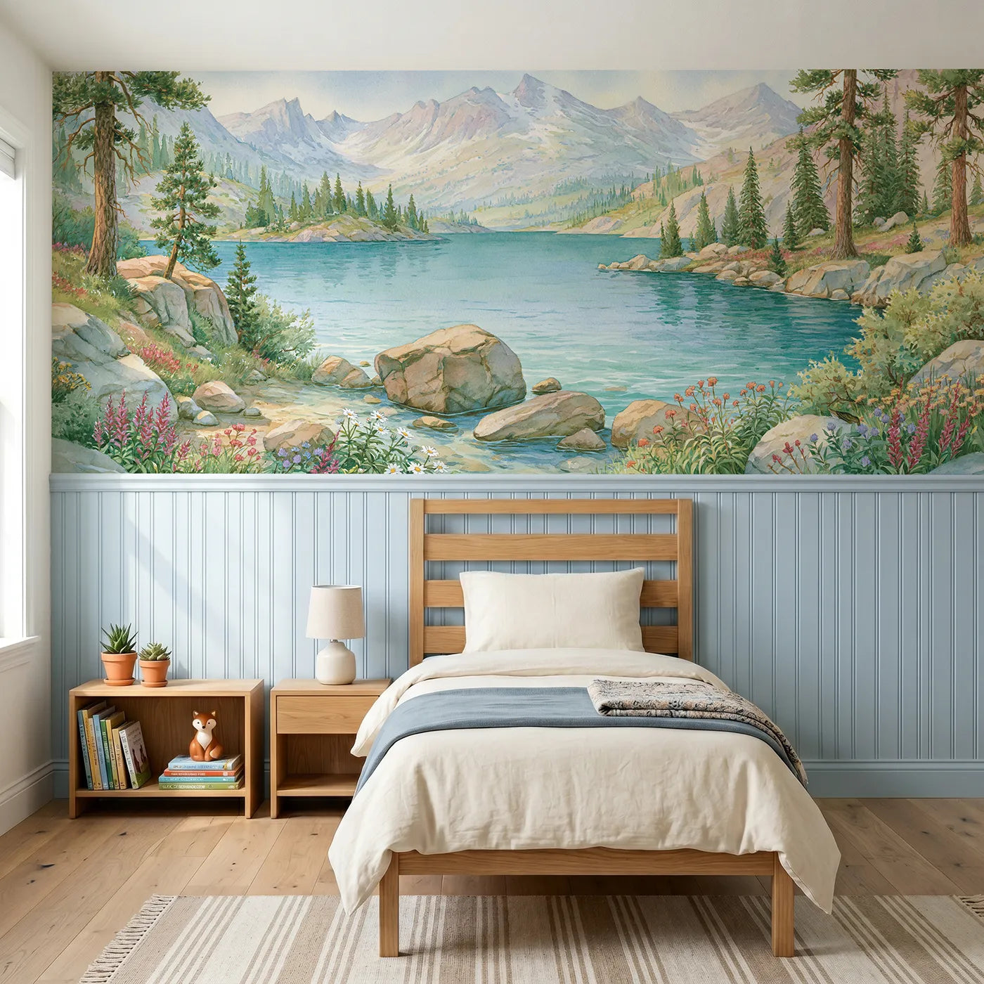 Storybook wainscoting wallpaper of a turquoise mountain lake by Whimsy Tots