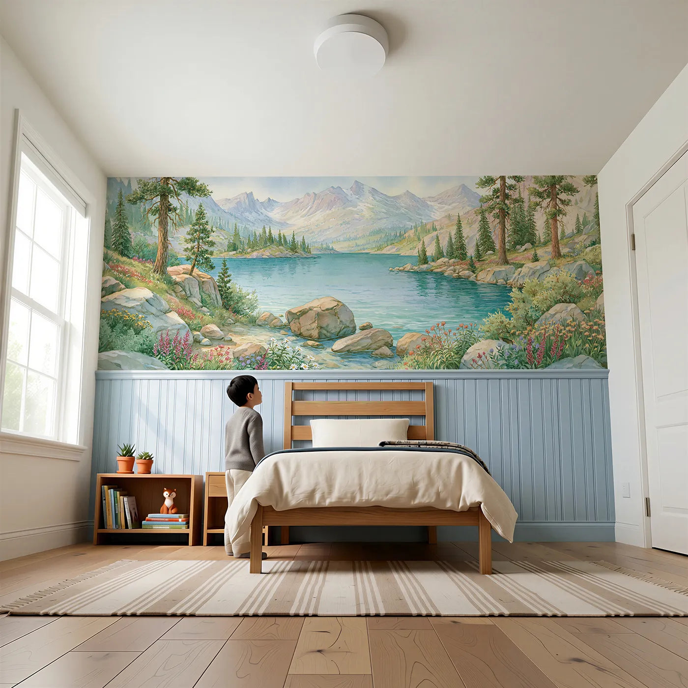 Child reading near Turquoise Mountain Lake Bright Day Wainscoting Wallpaper by Whimsy Tots