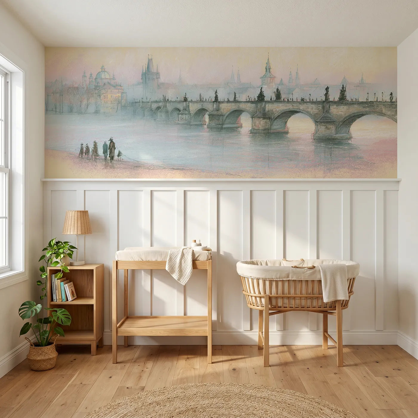 Colored pencil wainscoting wallpaper of statues in misty dawn by Whimsy Tots