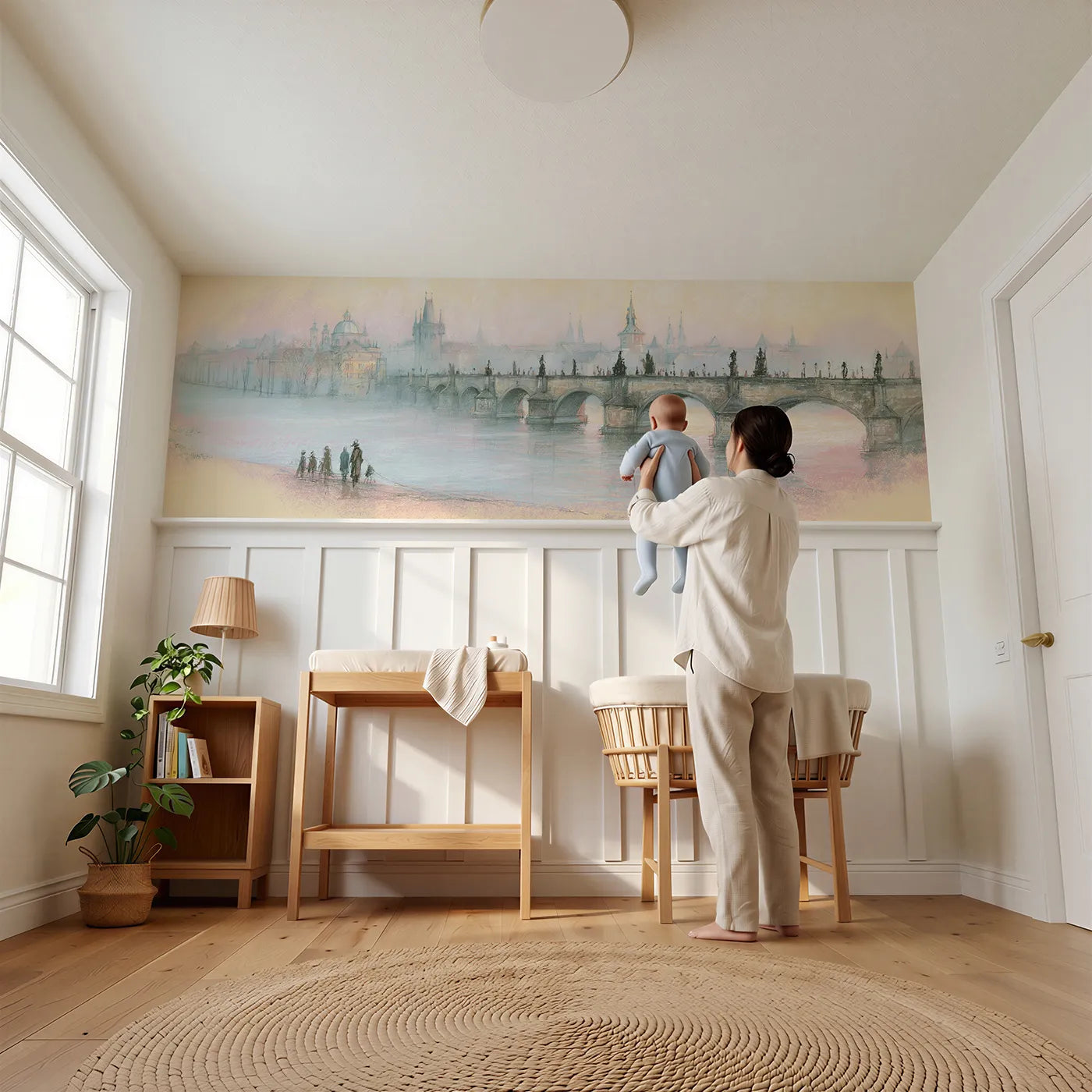 Child reading near Statues In Misty Dawn Wainscoting Wallpaper by Whimsy Tots