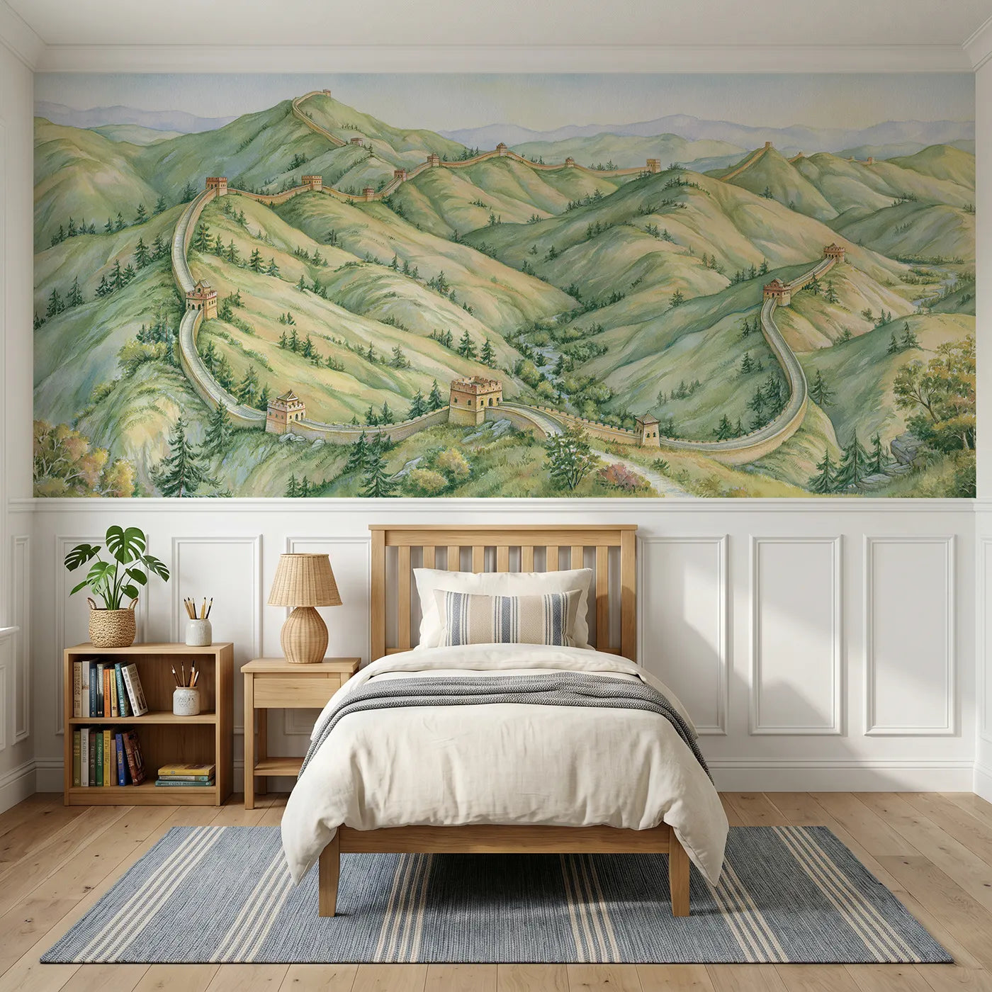 Storybook wainscoting wallpaper of a Great Wall adventure map by Whimsy Tots