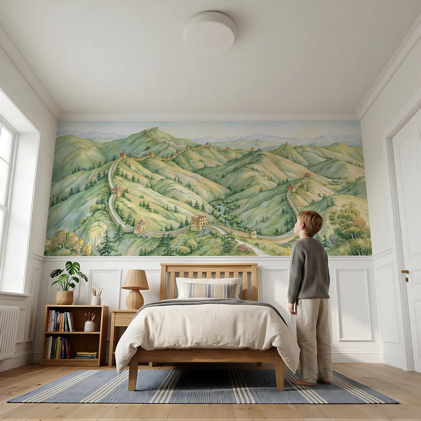 Child reading near Great Wall Adventure Map Wainscoting Wallpaper by Whimsy Tots