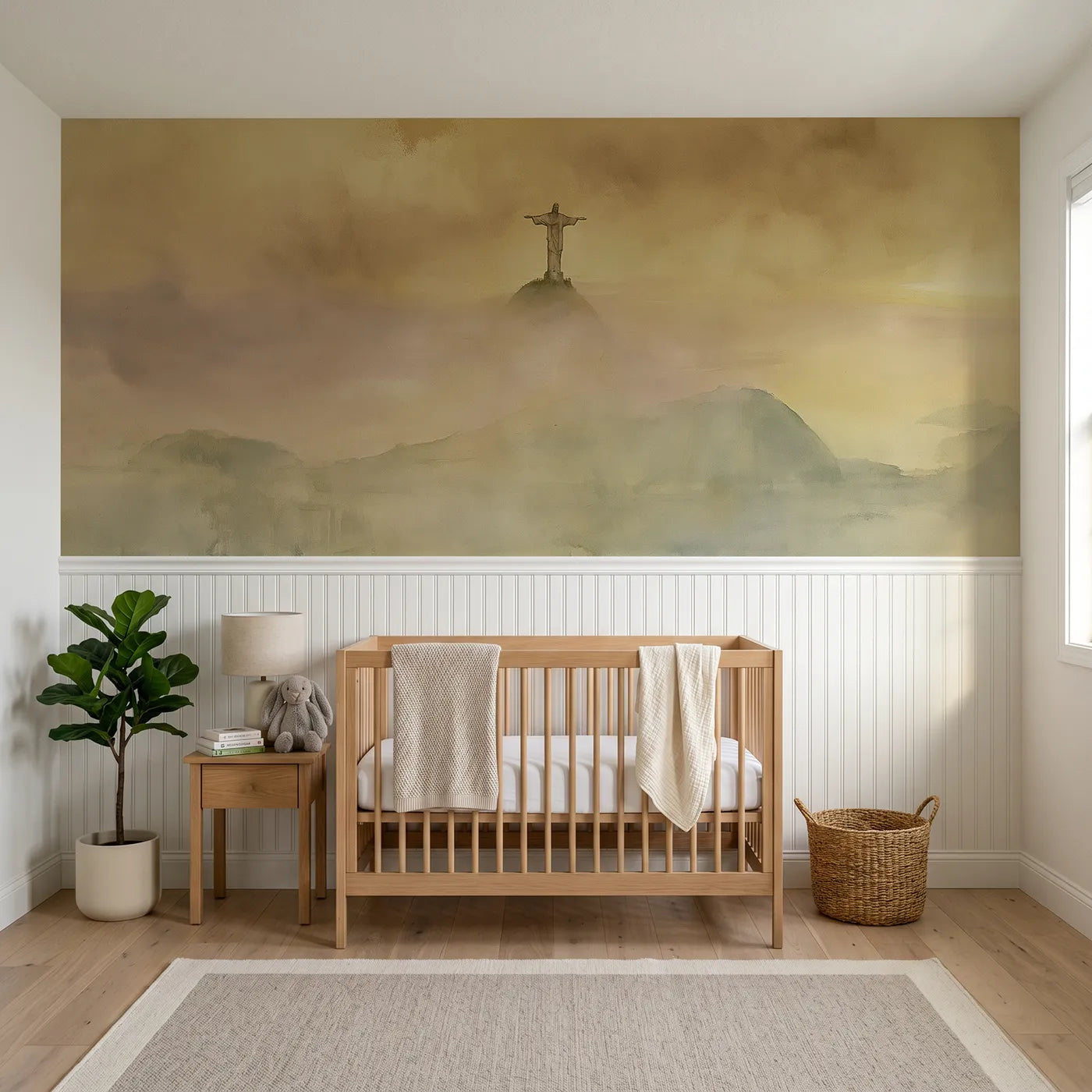 Watercolor wainscoting wallpaper of an orange bridge in bay haze by Whimsy Tots