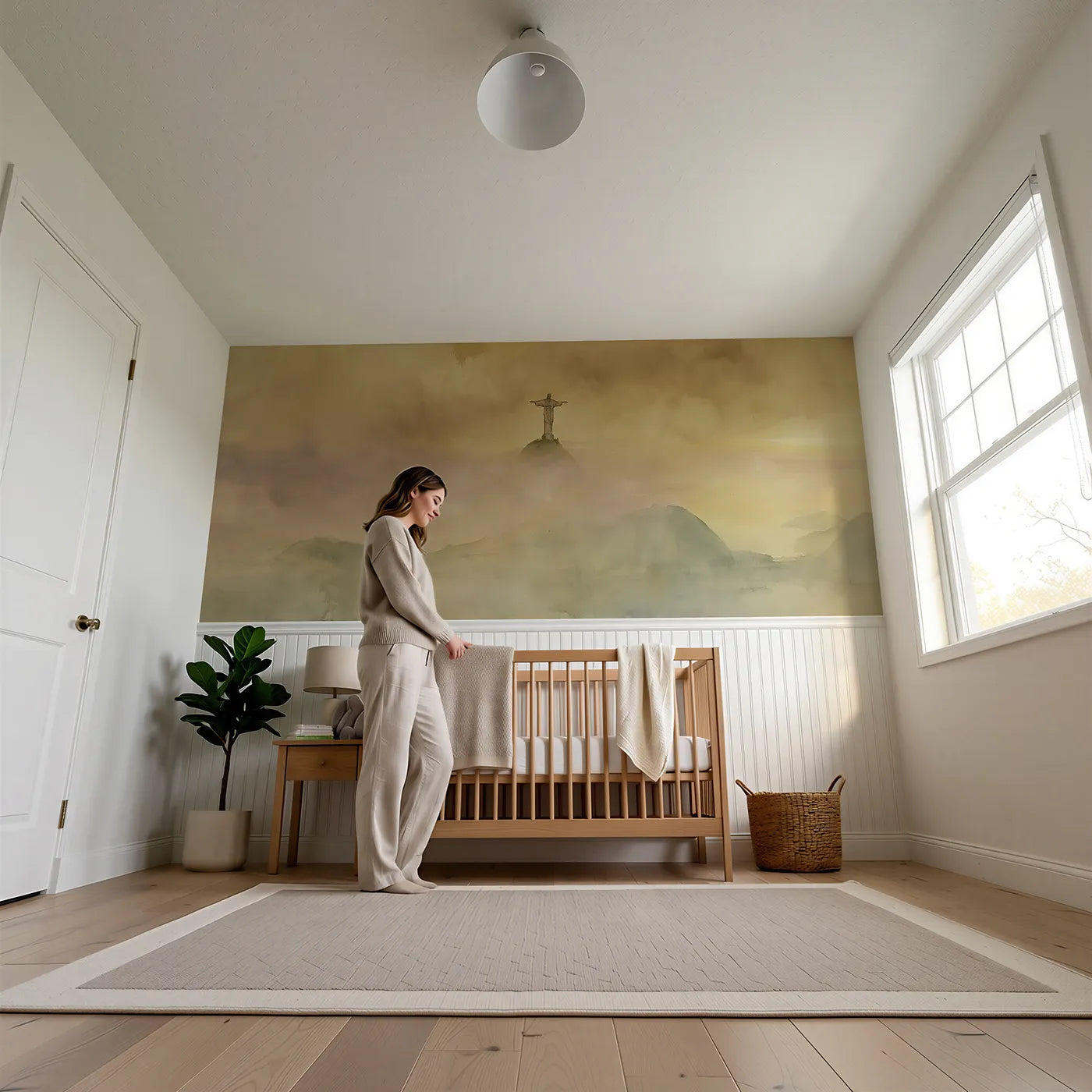 Child reading near Above The Bay Haze Wainscoting Wallpaper by Whimsy Tots