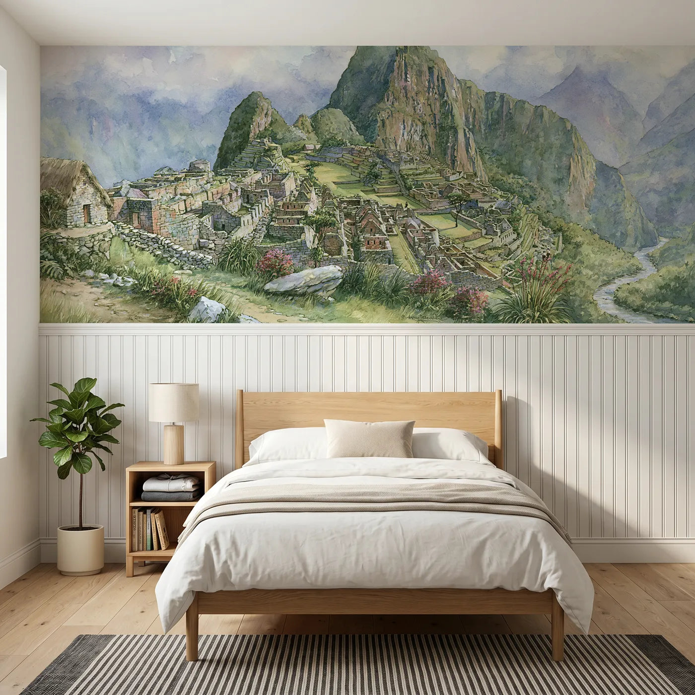 Storybook wainscoting wallpaper of a white city above a gorge by Whimsy Tots