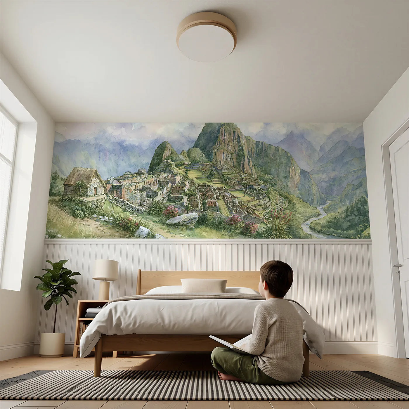 Child reading near City Above The Gorge Wainscoting Wallpaper by Whimsy Tots