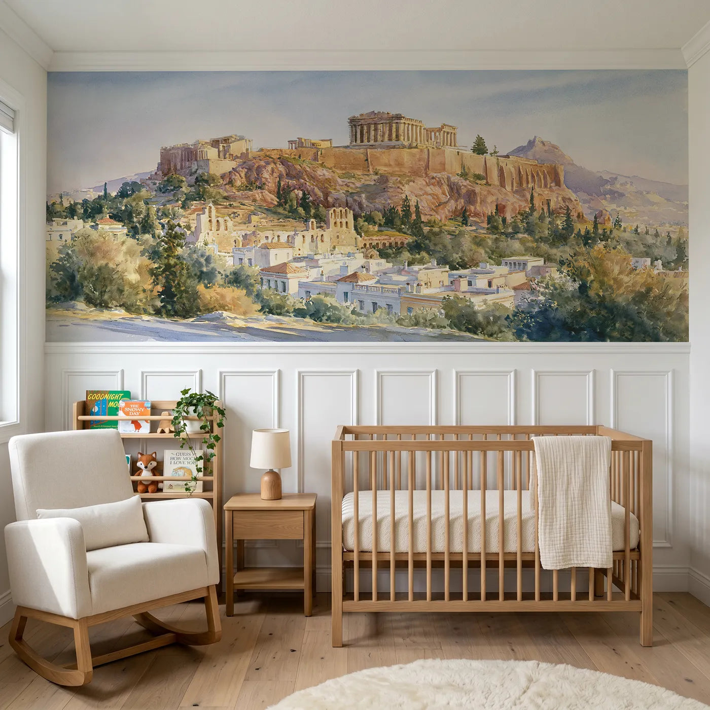 Watercolor wainscoting wallpaper of the Acropolis hill at dusk by Whimsy Tots