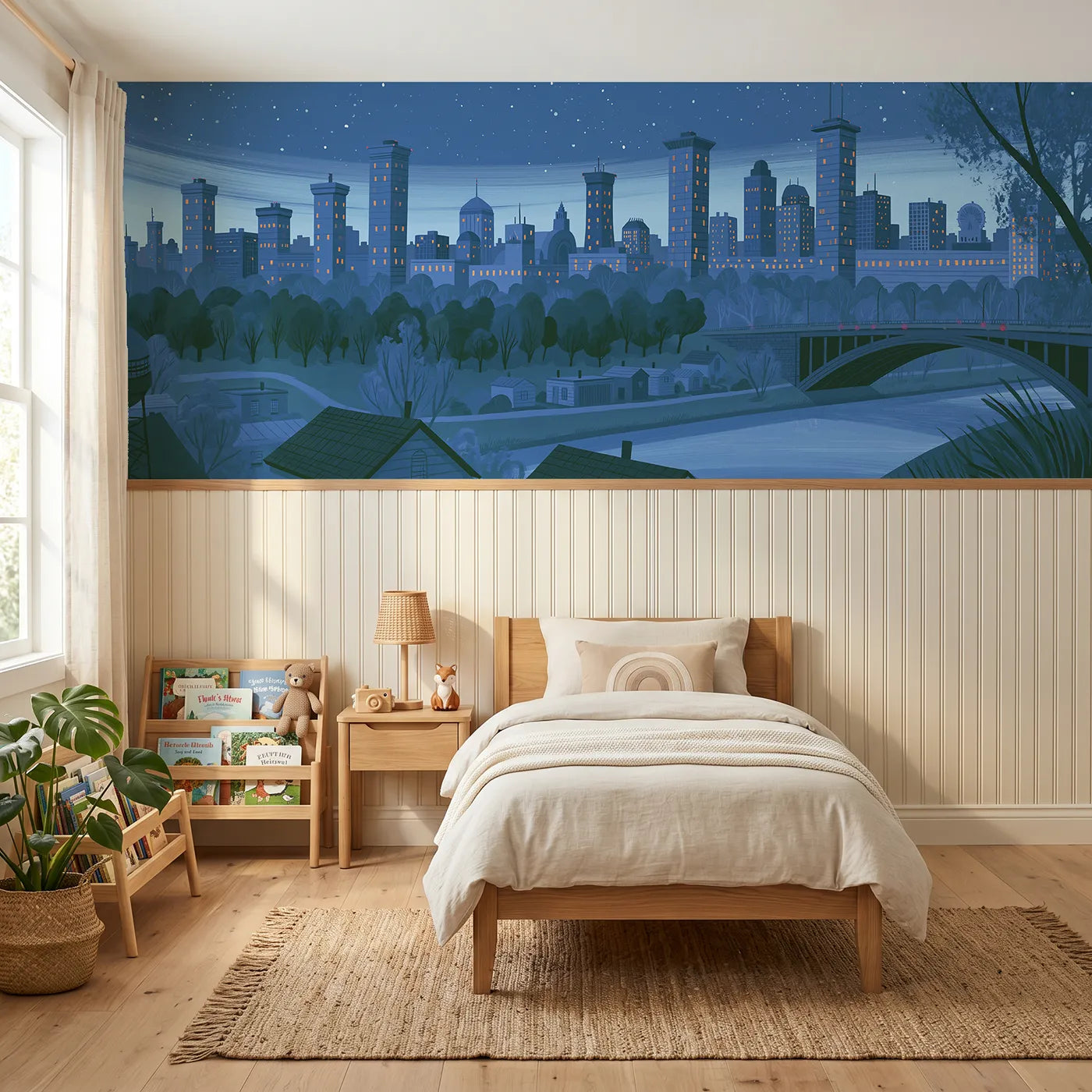 Modern illustration wainscoting wallpaper of city lights under stars by Whimsy Tots