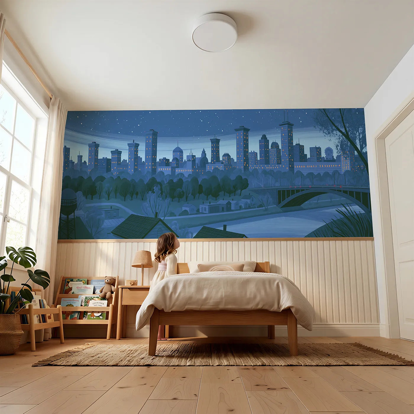 Child reading near City Lights Under Stars Wainscoting Wallpaper by Whimsy Tots