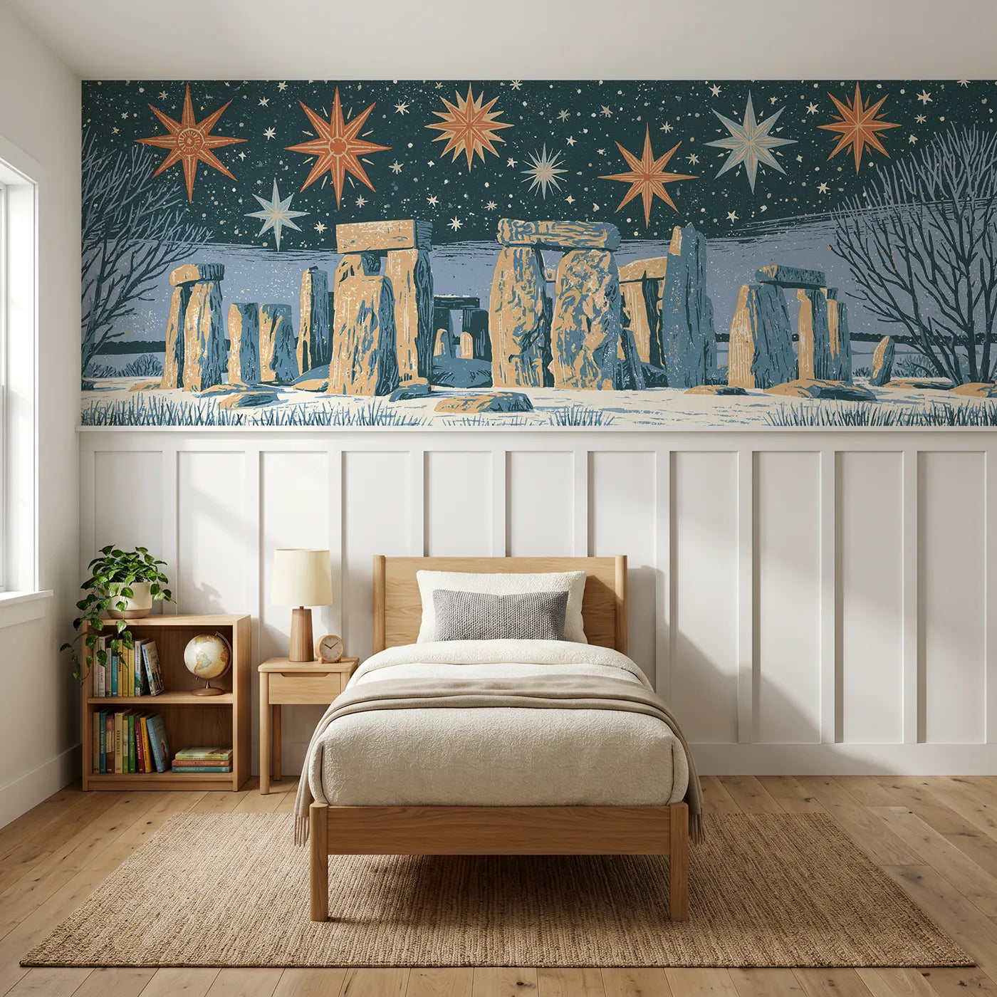Block print wainscoting wallpaper of carved standing stones at night by Whimsy Tots