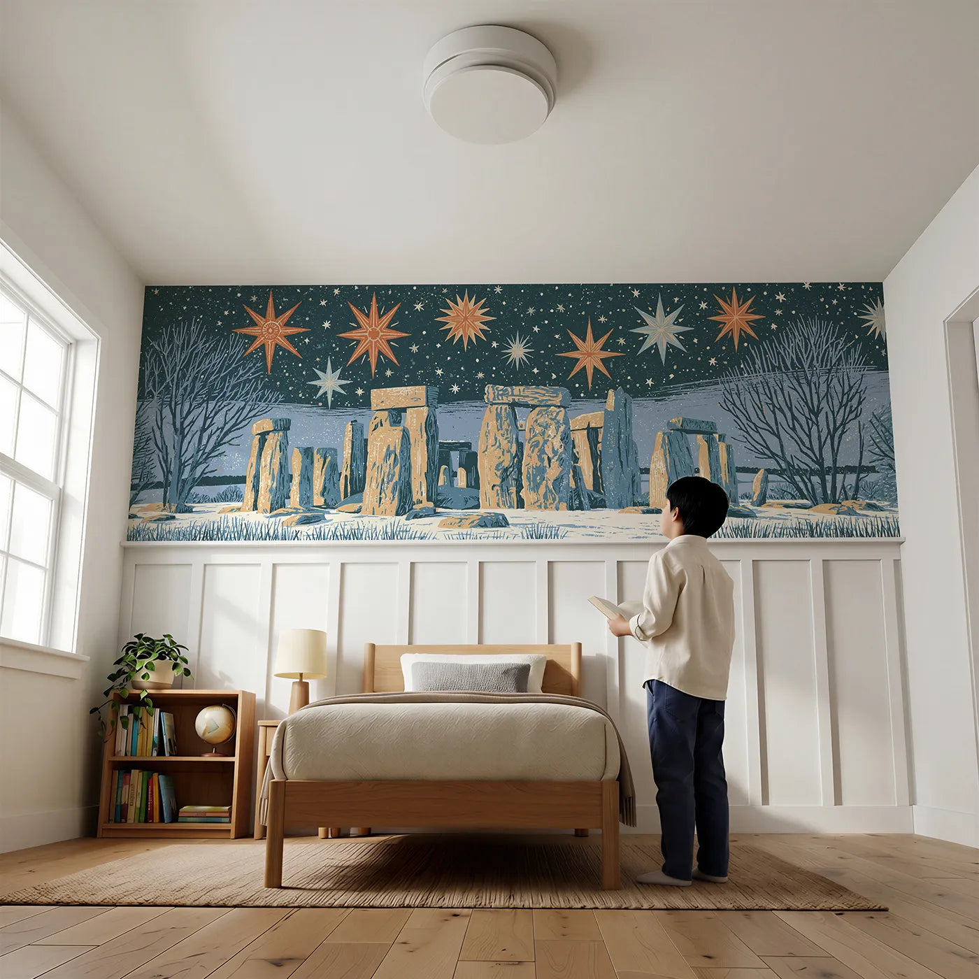 Child reading near Carved Stones Under Stars Wainscoting Wallpaper by Whimsy Tots