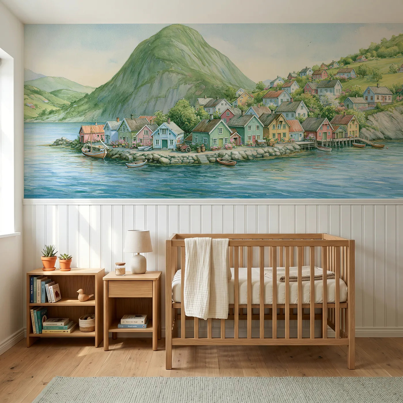 Storybook wainscoting wallpaper of a bright fjord village by Whimsy Tots