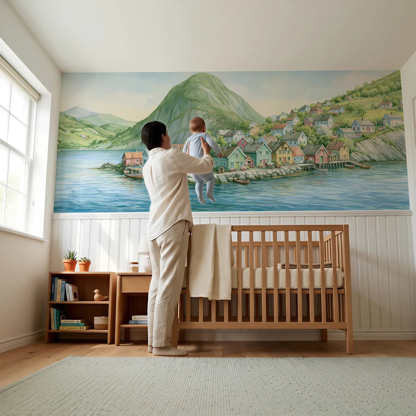 Child reading near Fjord Village Bright Morning Wainscoting Wallpaper by Whimsy Tots