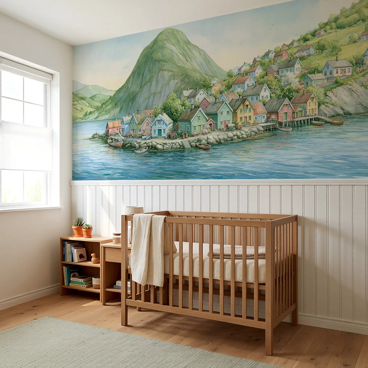 Fjord Village Bright Morning Wainscoting Wallpaper styled in a kids room by Whimsy Tots