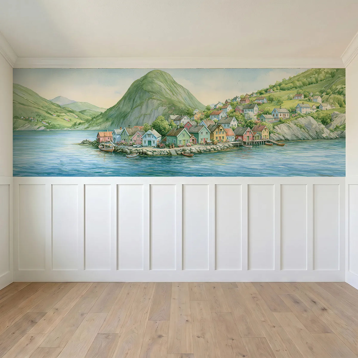Full panel view of Fjord Village Bright Morning Wainscoting Wallpaper by Whimsy Tots