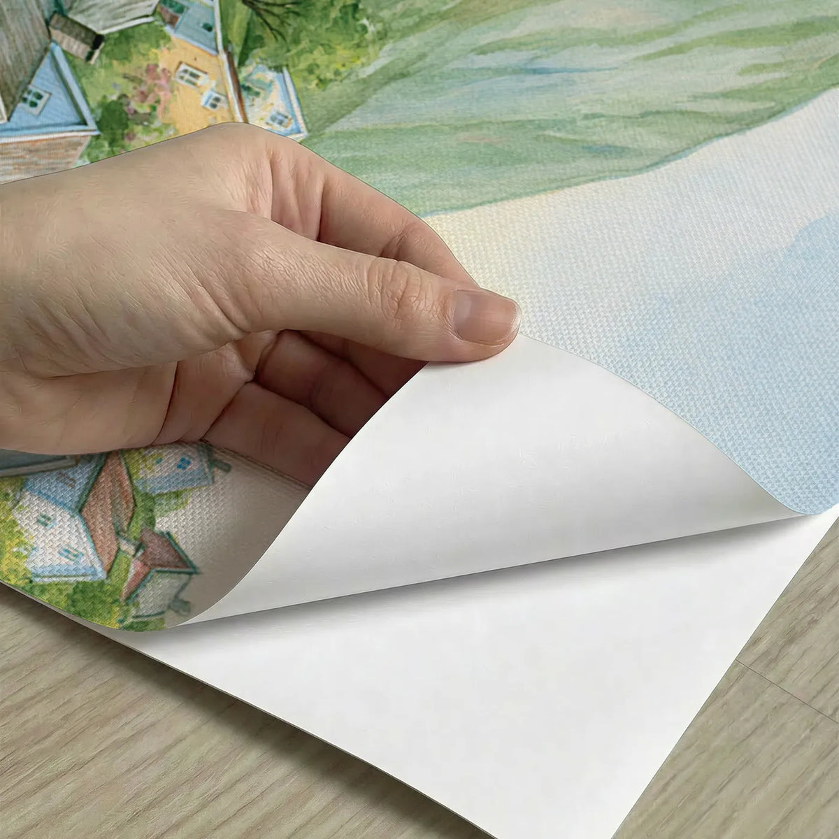 Peel-and-stick detail of Fjord Village Bright Morning Wainscoting Wallpaper by Whimsy Tots