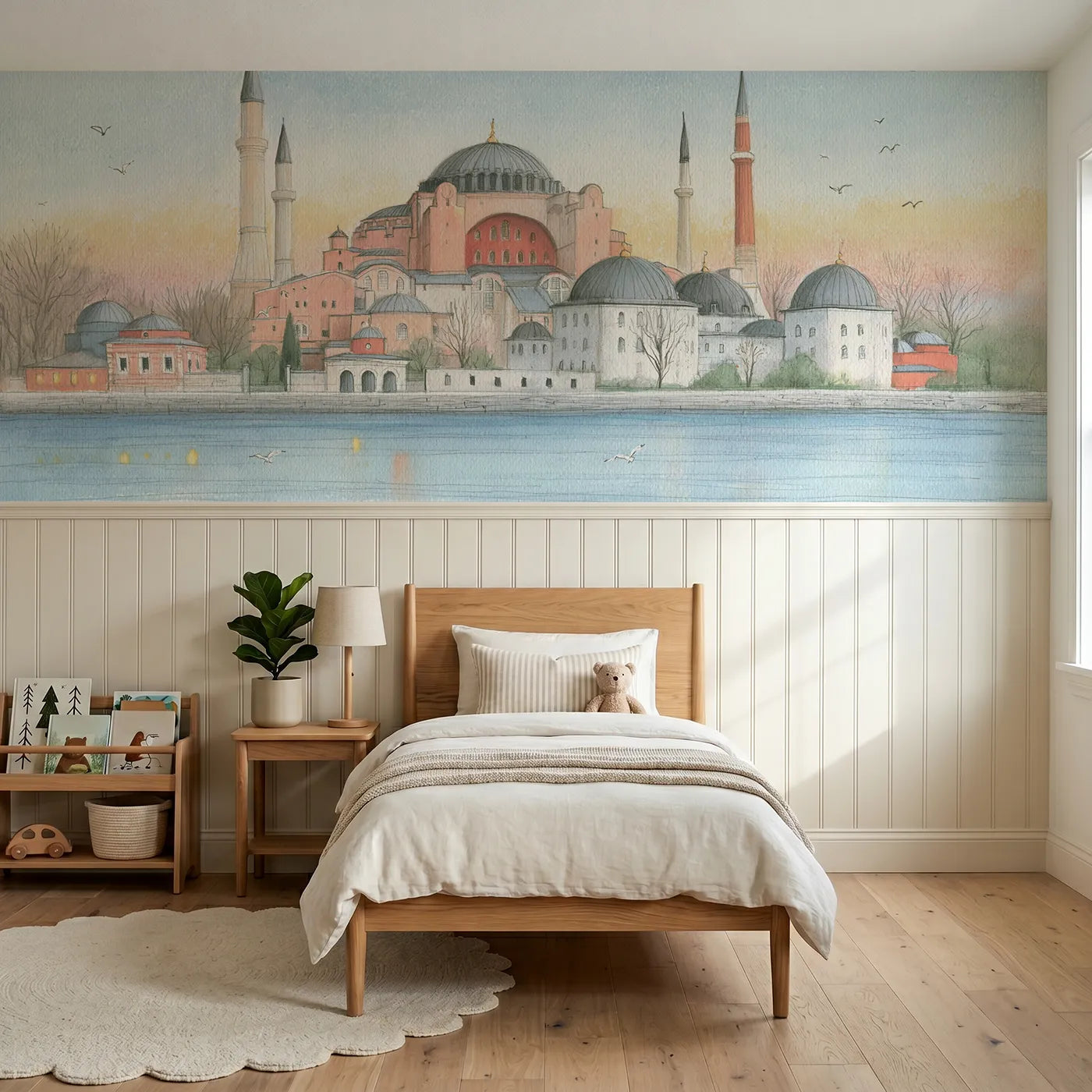 Colored pencil wainscoting wallpaper of domes across dawn water by Whimsy Tots