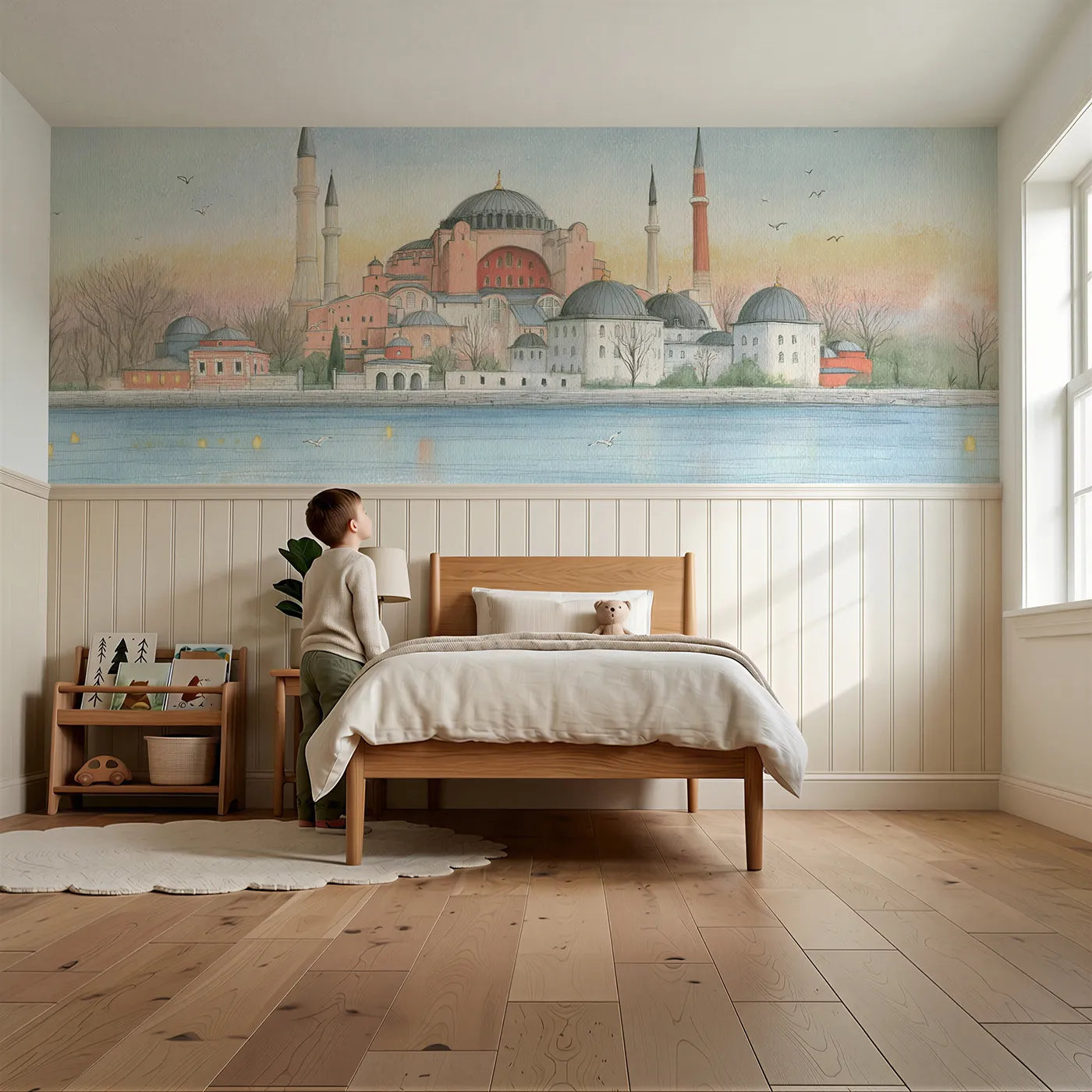 Child reading near Domes Across The Water Wainscoting Wallpaper by Whimsy Tots