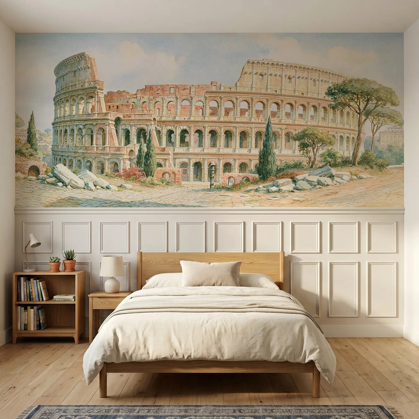 Storybook wainscoting wallpaper of the Colosseum in warm afternoon by Whimsy Tots