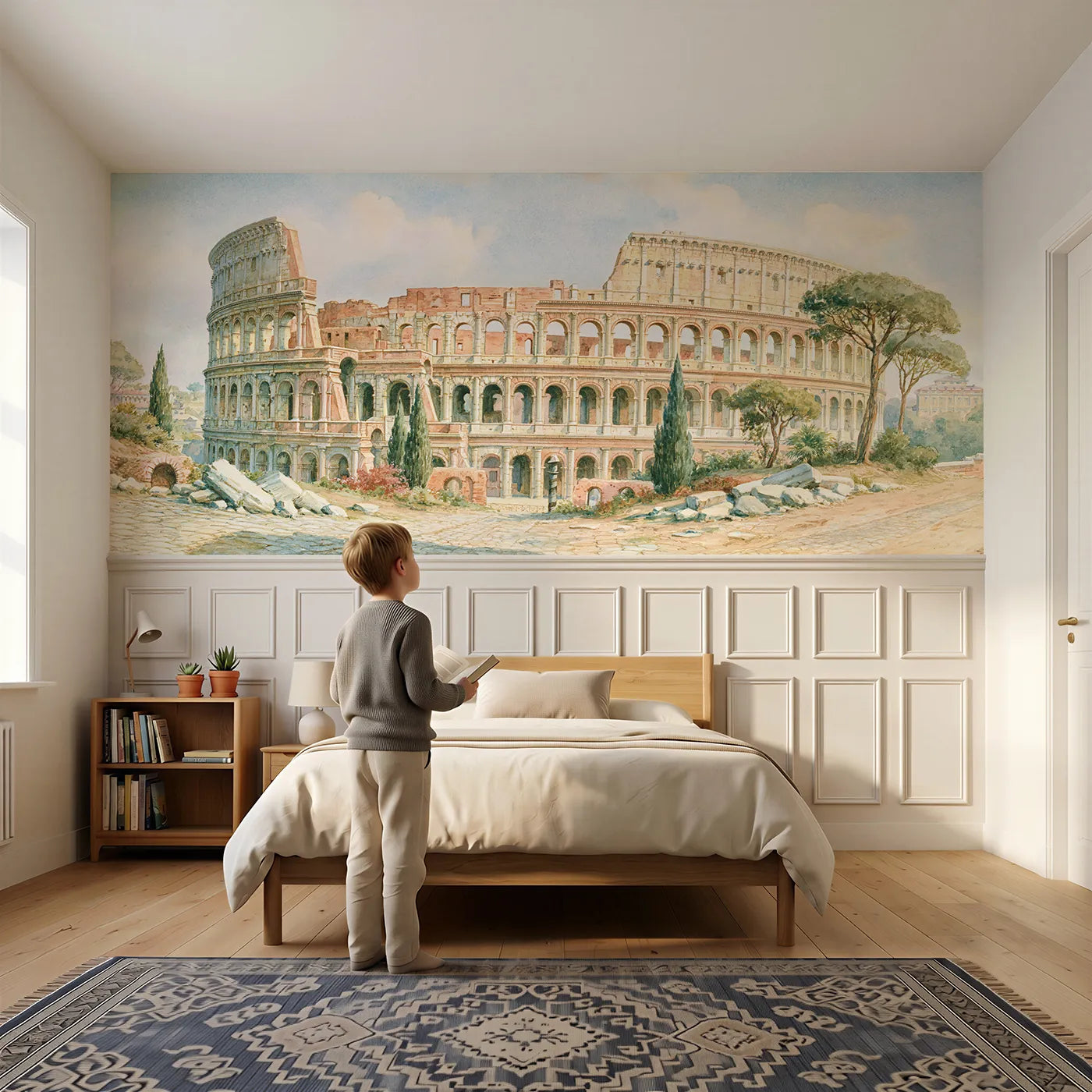 Child reading near Roman Colosseum Warm Afternoon Wainscoting Wallpaper by Whimsy Tots