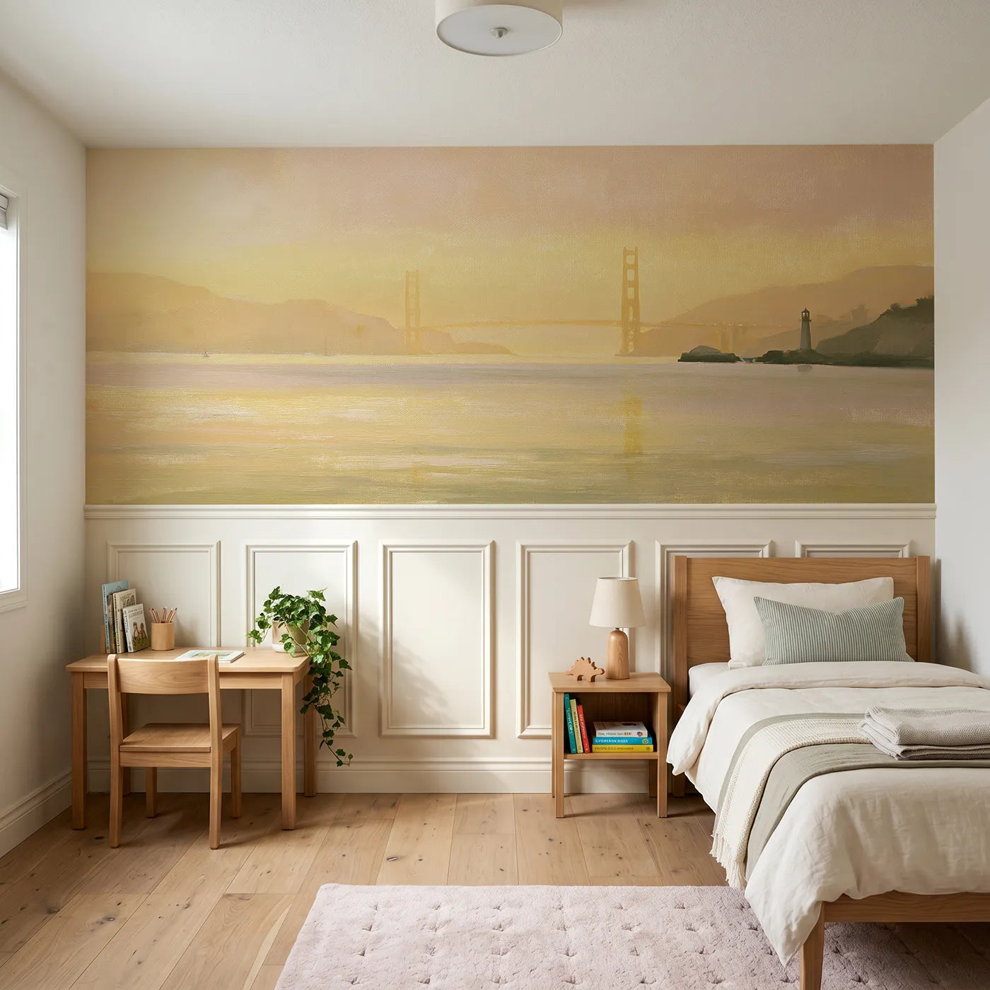 Watercolor wainscoting wallpaper of the Golden Gate in evening gold by Whimsy Tots