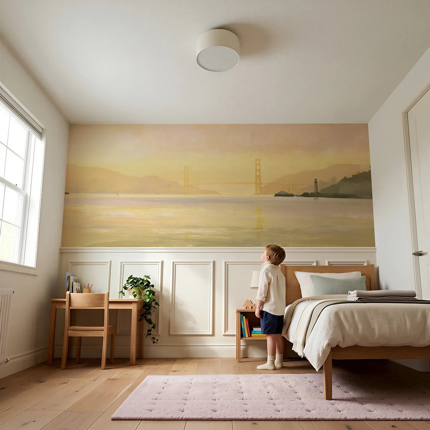 Child reading near Golden Gate Evening Gold Wainscoting Wallpaper by Whimsy Tots