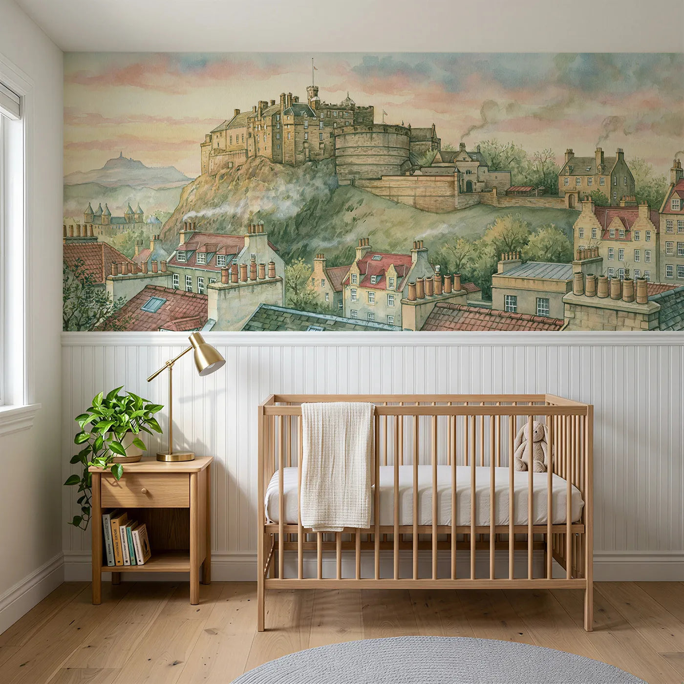 Storybook wainscoting wallpaper of a castle on a dark rock by Whimsy Tots