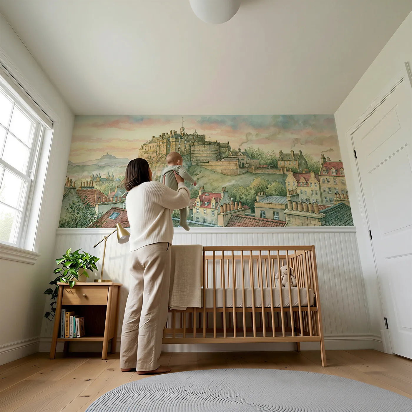 Child reading near Castle On The Rock Wainscoting Wallpaper by Whimsy Tots