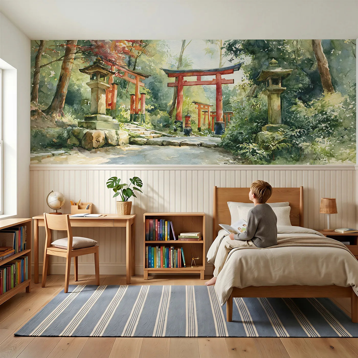 Child reading near Vermilion Gates Climbing Wainscoting Wallpaper by Whimsy Tots
