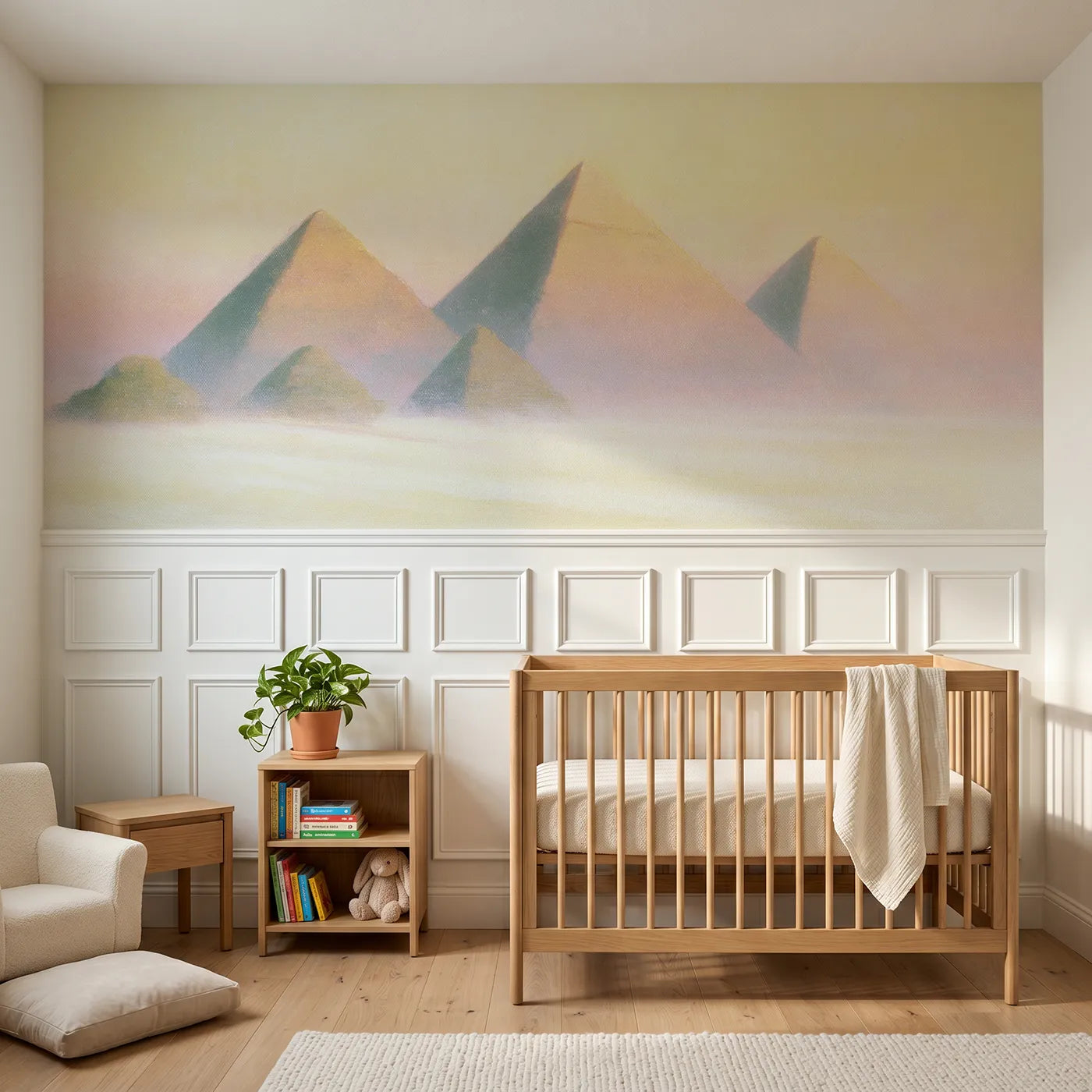Soft pastel wainscoting wallpaper of pyramids at first light by Whimsy Tots