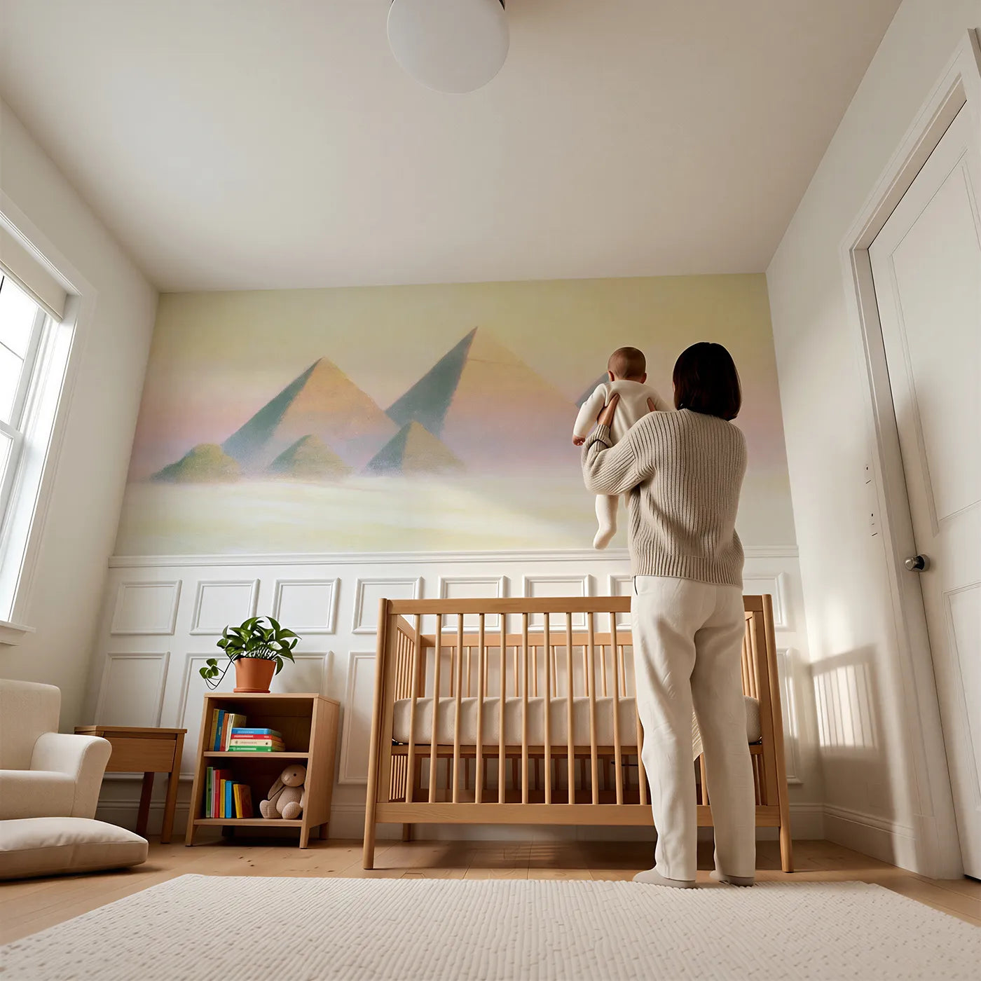 Child reading near Pyramids First Morning Light Wainscoting Wallpaper by Whimsy Tots