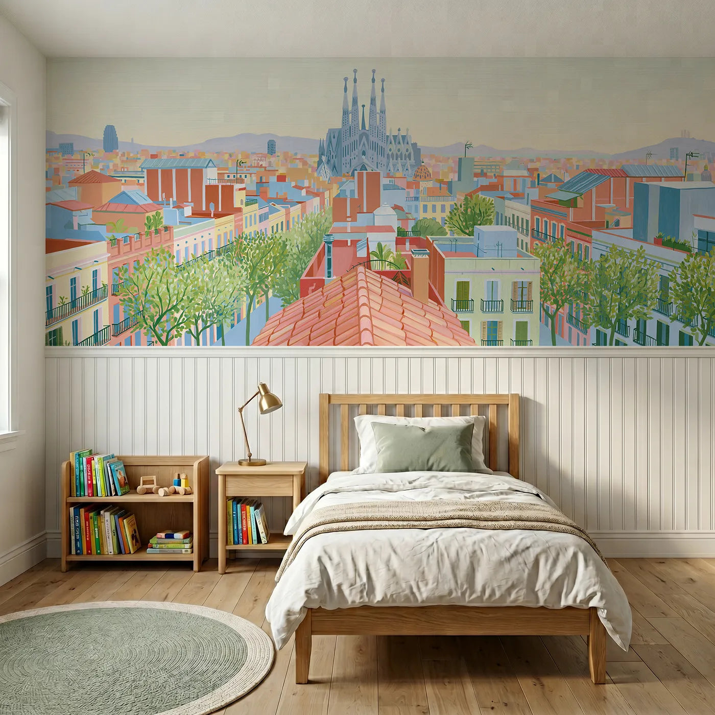 Modern illustration wainscoting wallpaper of dream spires above a city by Whimsy Tots