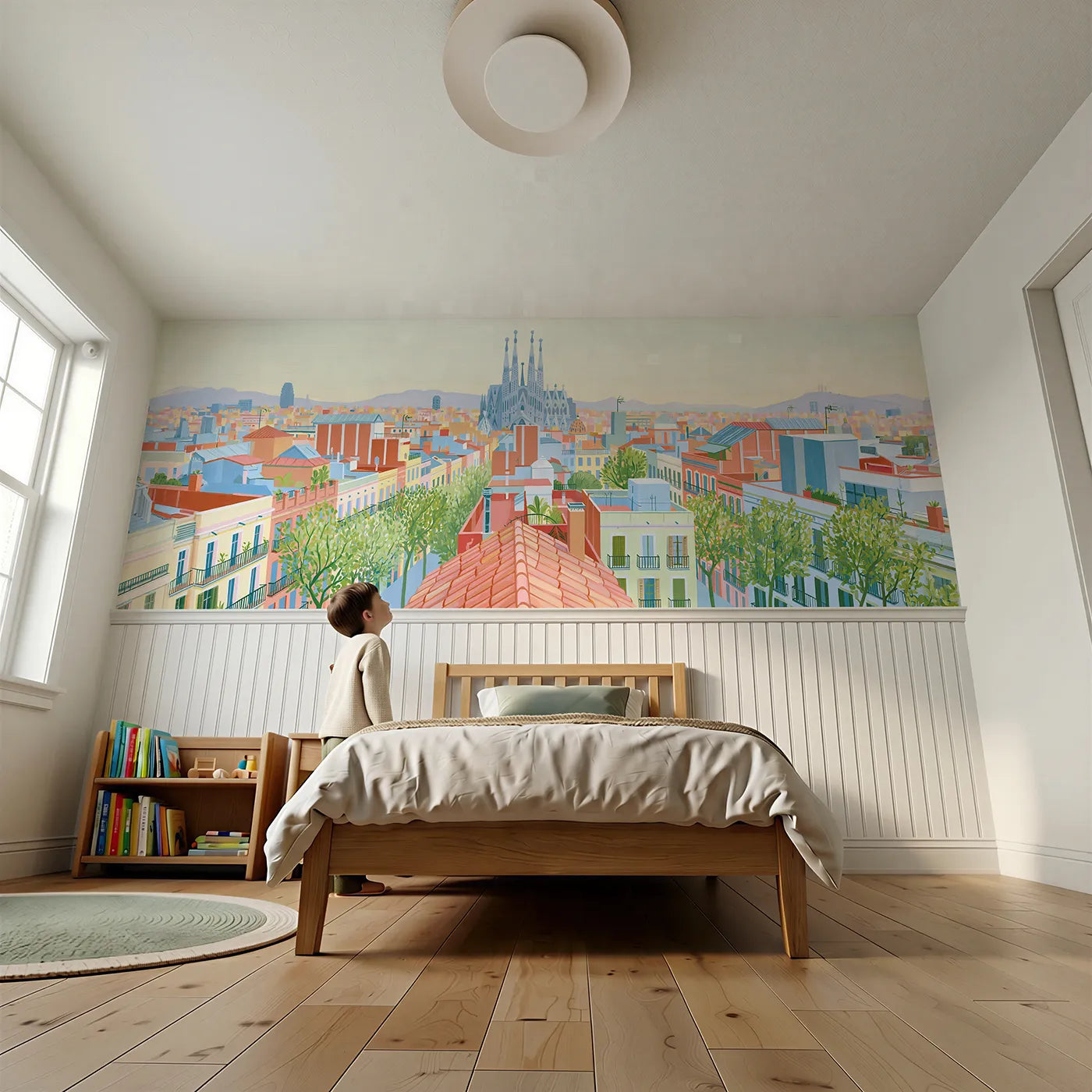 Child reading near Sagrada Spires Above City Wainscoting Wallpaper by Whimsy Tots