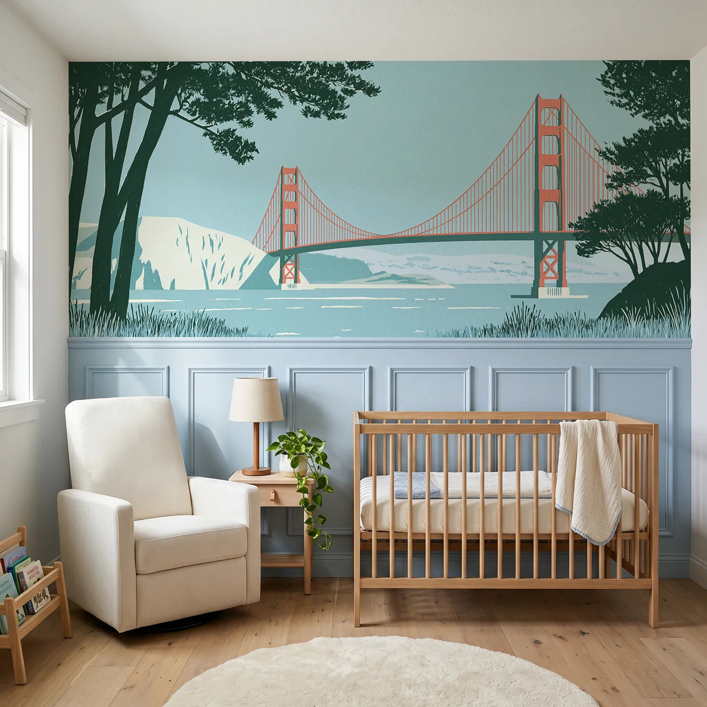 Block print wainscoting wallpaper of carved bridge towers at midday by Whimsy Tots