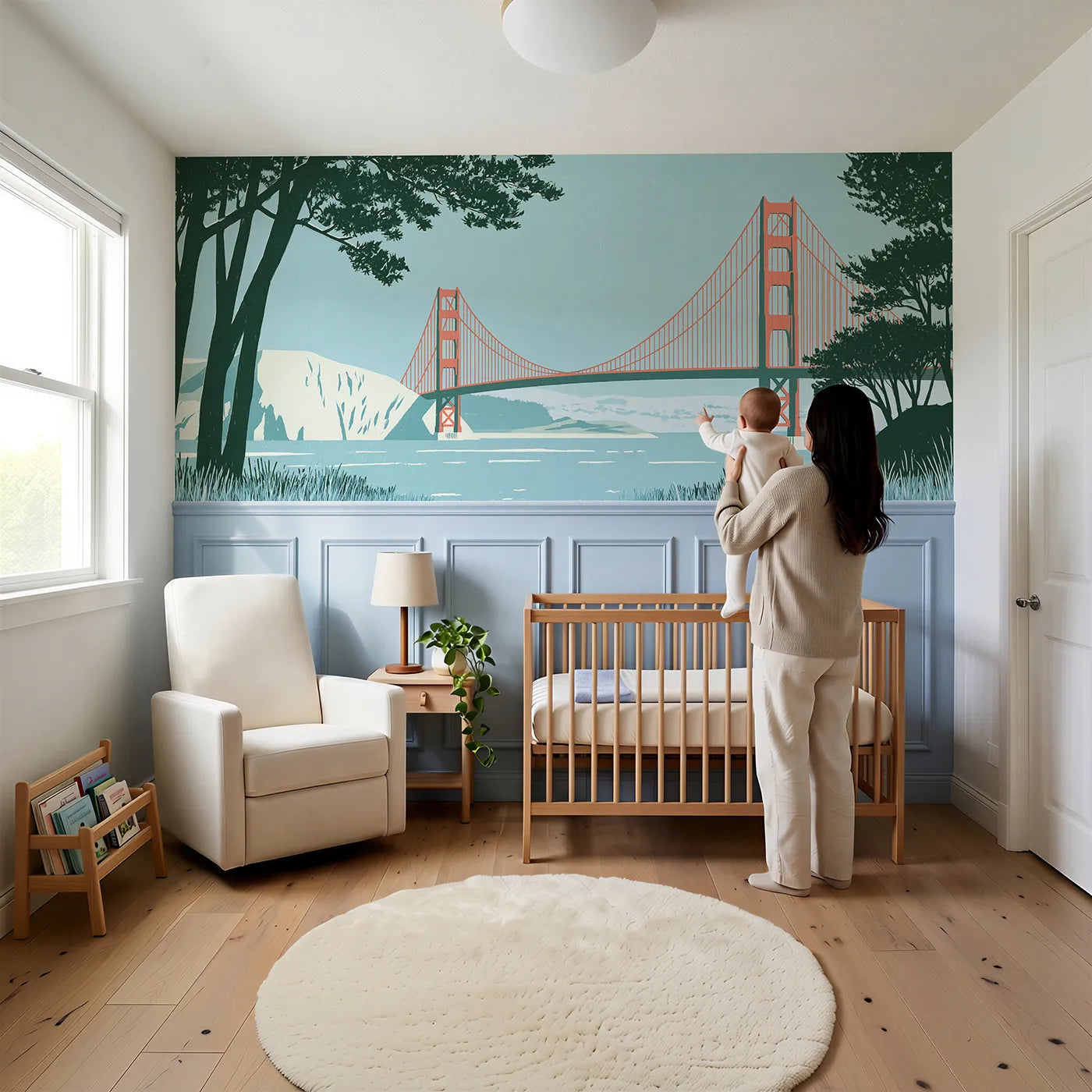 Child reading near Carved Bridge Towers Midday Wainscoting Wallpaper by Whimsy Tots