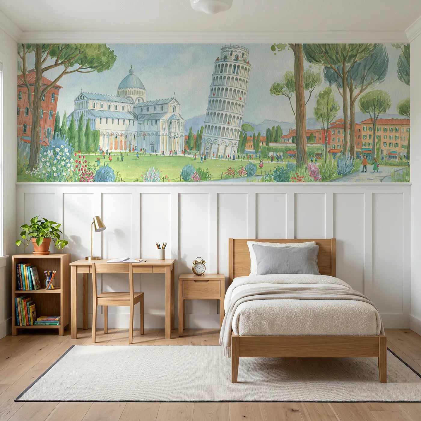 Colored pencil wainscoting wallpaper of the cheerful leaning tower by Whimsy Tots