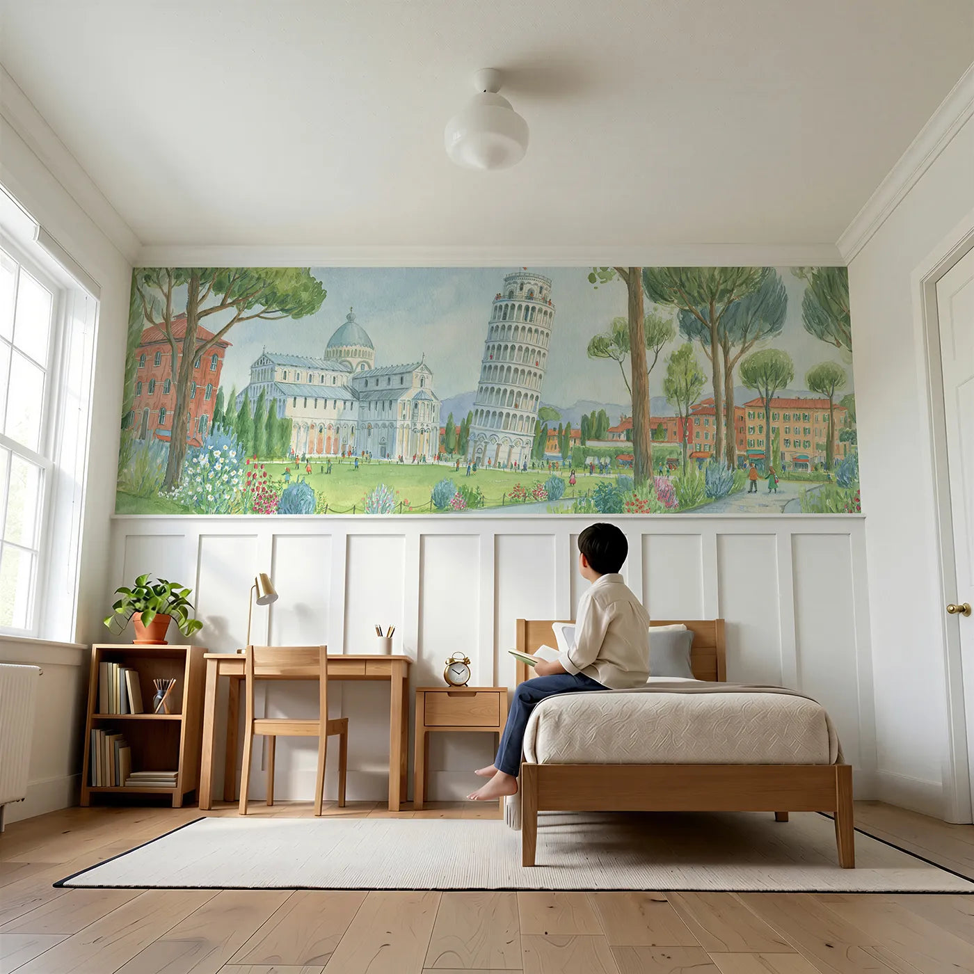 Child reading near Leaning Tower Of Pisa Cheerful Day Wainscoting Wallpaper by Whimsy Tots