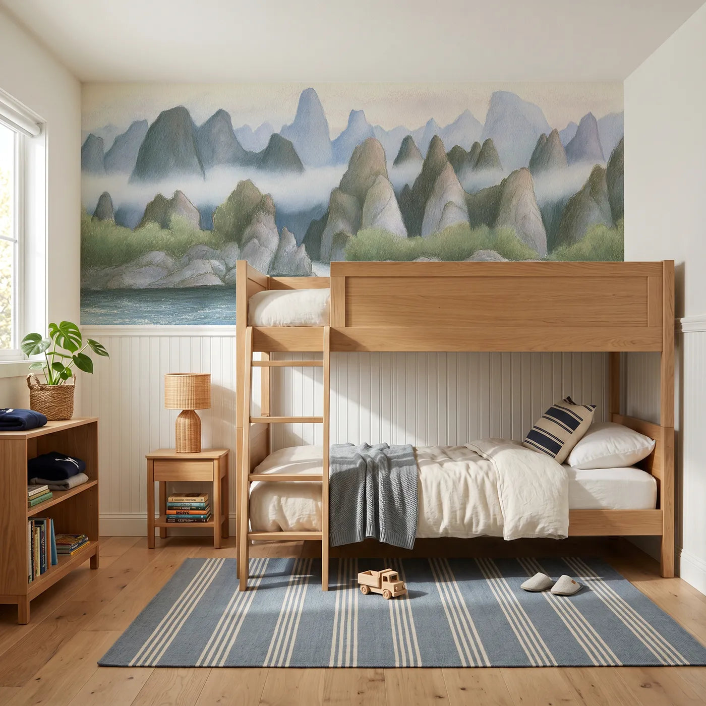 Colored pencil wainscoting wallpaper of a raft among karst peaks by Whimsy Tots