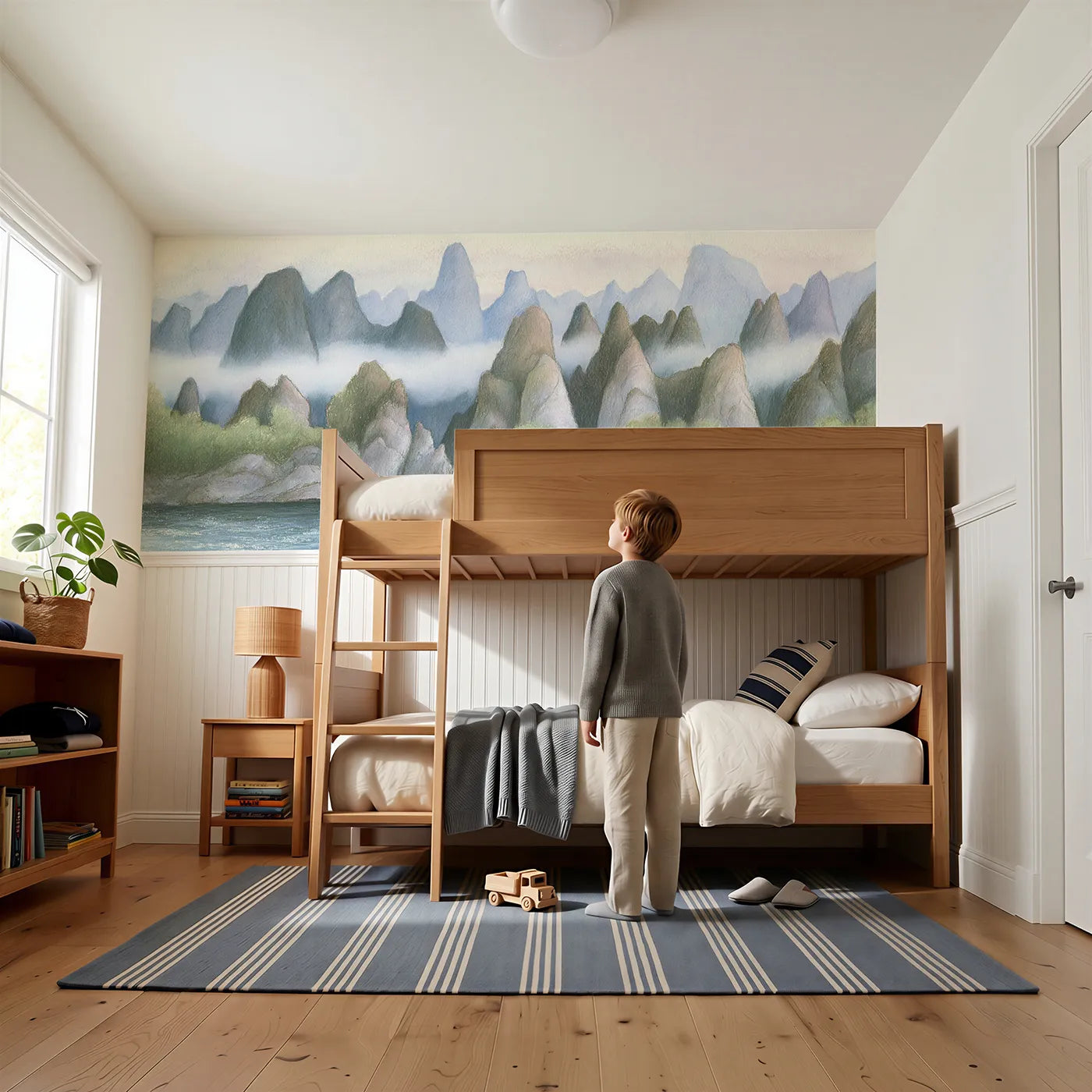 Child reading near Karst Peaks River Raft Wainscoting Wallpaper by Whimsy Tots