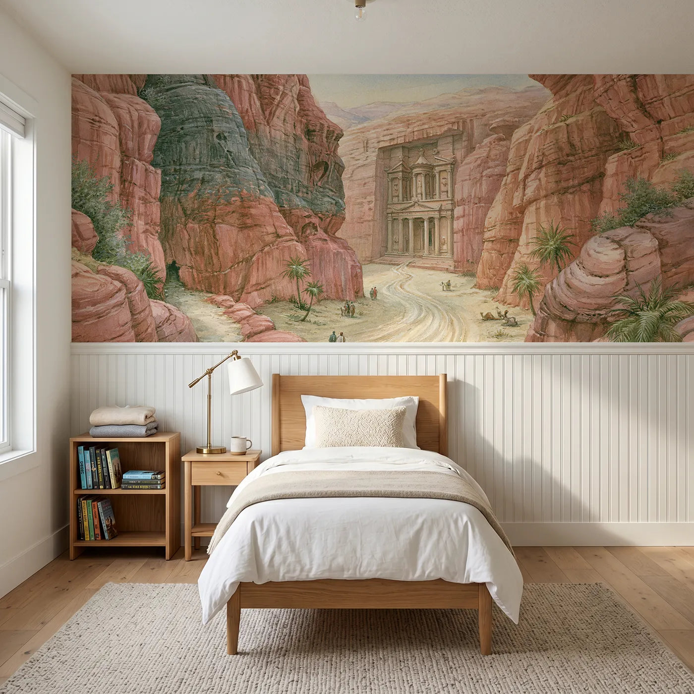 Storybook wainscoting wallpaper of the rose city of Petra by Whimsy Tots