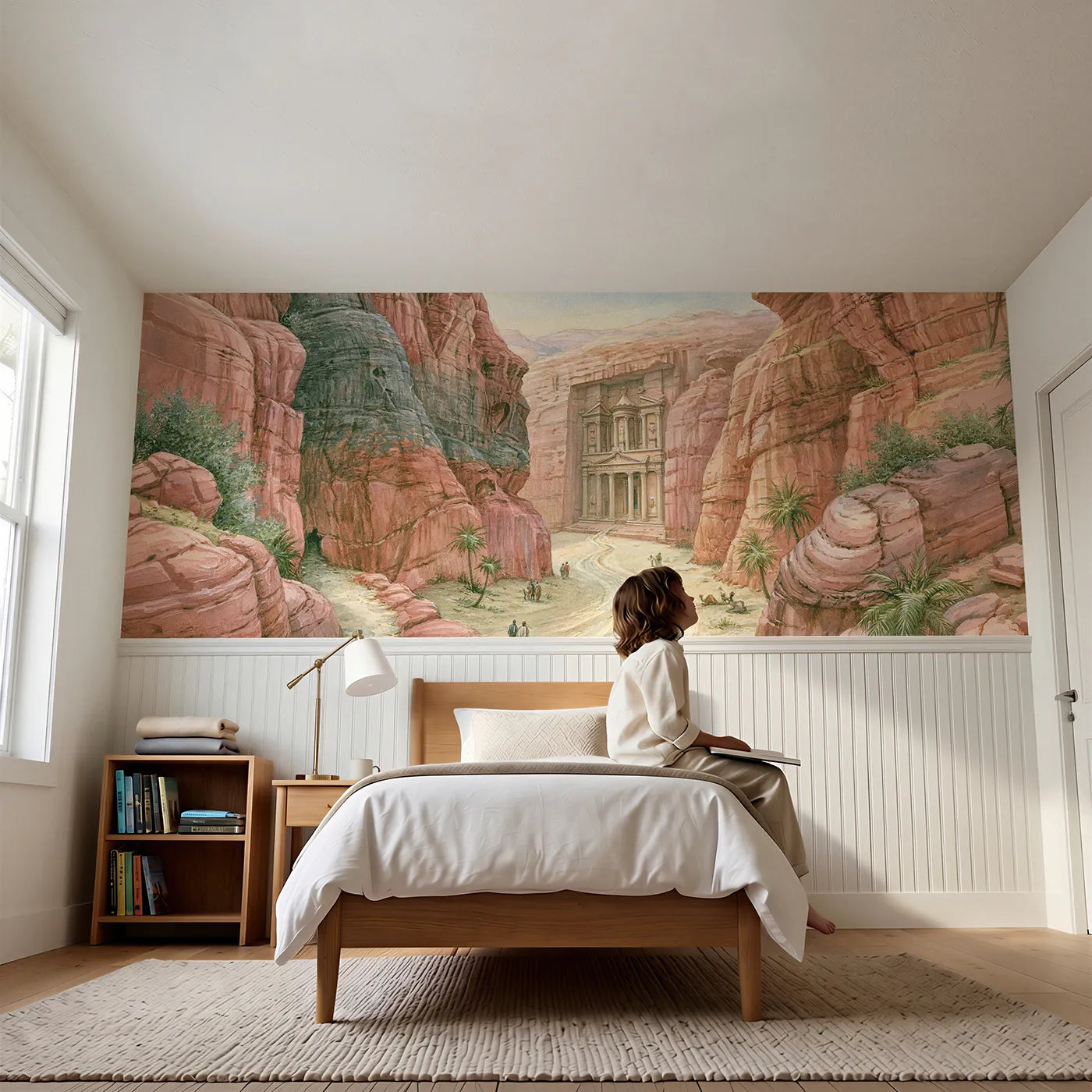 Child reading near Rose City Of Petra Warm Day Wainscoting Wallpaper by Whimsy Tots