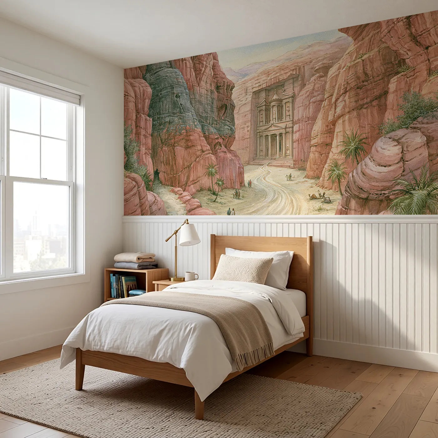 Rose City Of Petra Warm Day Wainscoting Wallpaper styled in a kids room by Whimsy Tots