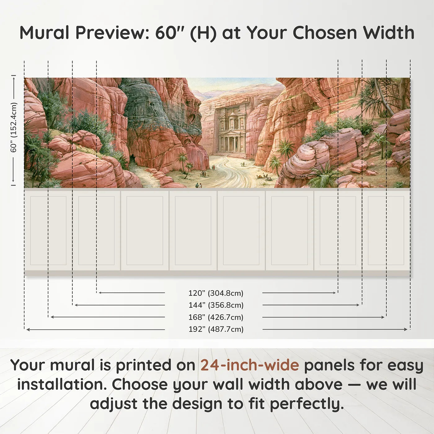 Panel dimensions for Rose City Of Petra Warm Day Wainscoting Wallpaper by Whimsy Tots