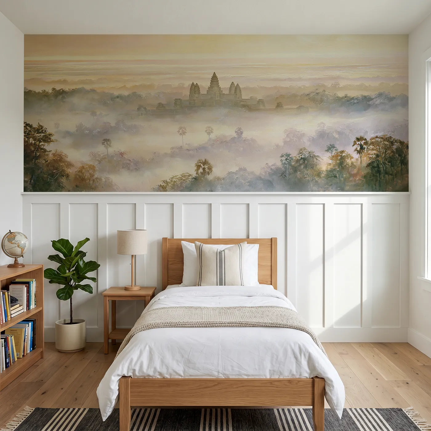 Watercolor wainscoting wallpaper of temple towers above jungle mist by Whimsy Tots