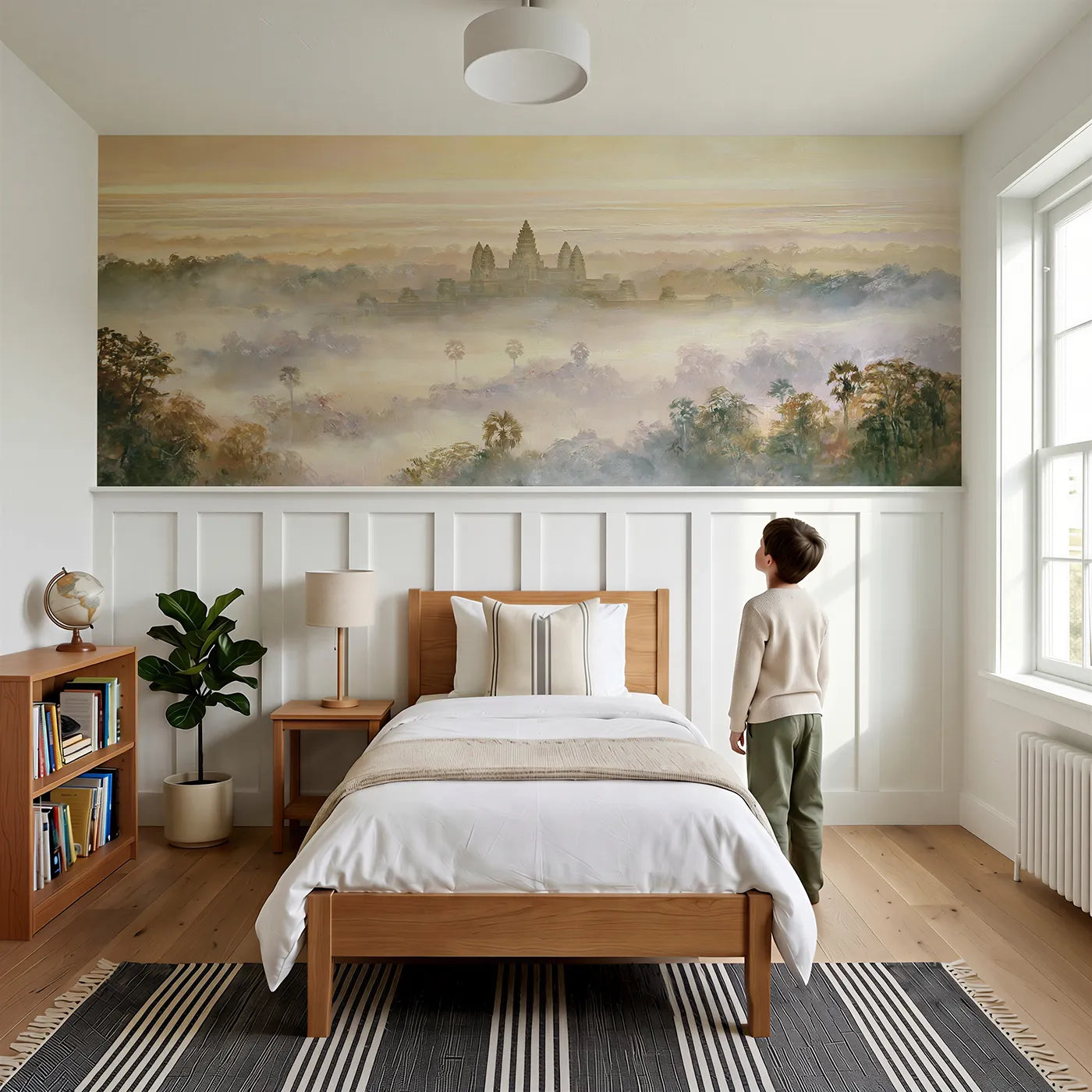 Child reading near Towers Above Jungle Mist Wainscoting Wallpaper by Whimsy Tots