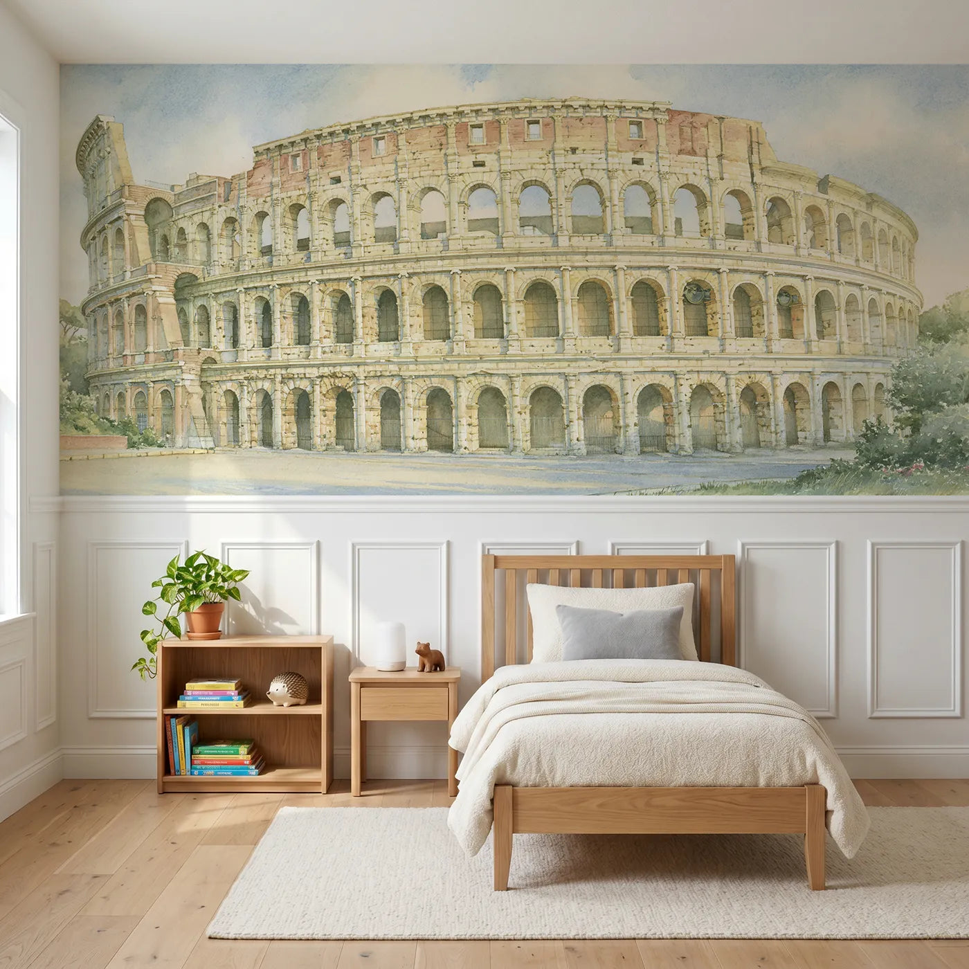 Storybook wainscoting wallpaper of evening through long arches by Whimsy Tots