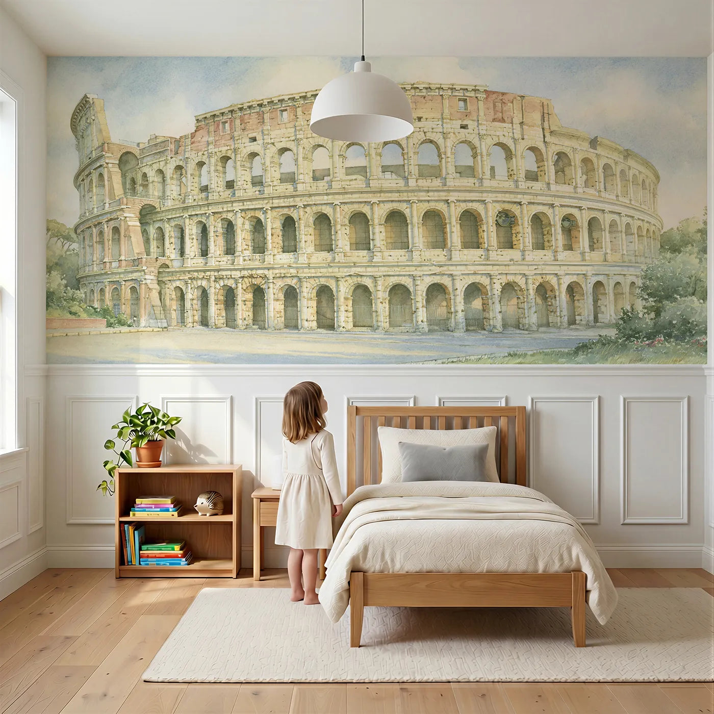 Child reading near Evening Through The Arches Wainscoting Wallpaper by Whimsy Tots