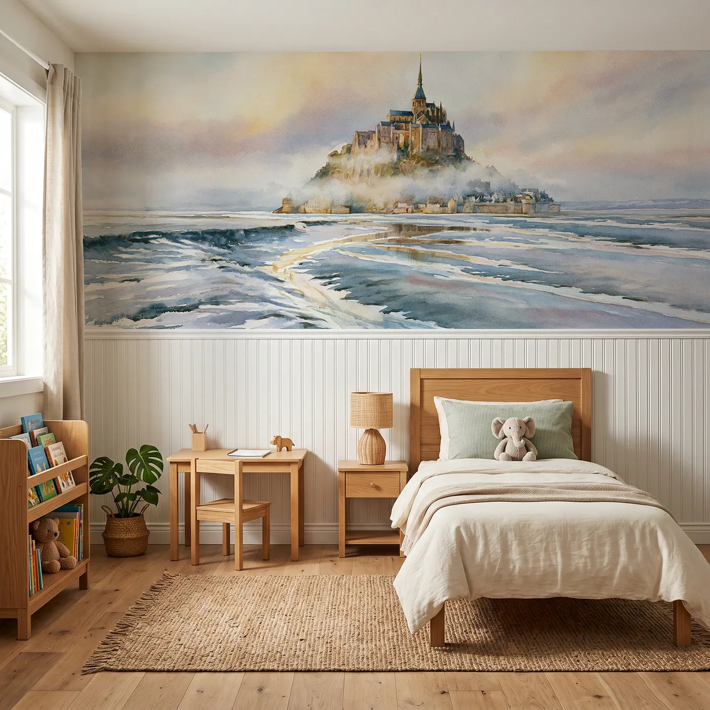 Watercolor wainscoting wallpaper of the abbey at low tide by Whimsy Tots