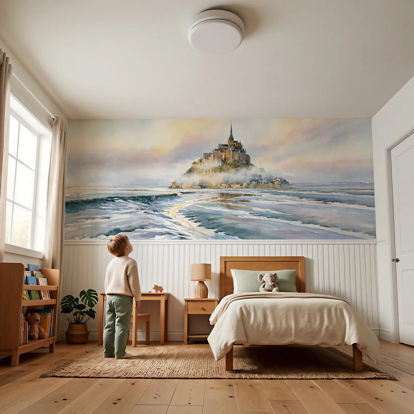 Child reading near Abbey At Low Tide Wainscoting Wallpaper by Whimsy Tots